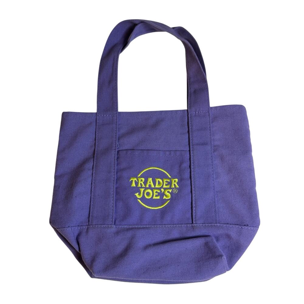Trader Joes Mini Canvas Tote Bag Purple Neon Green Halloween Embroidered Logo